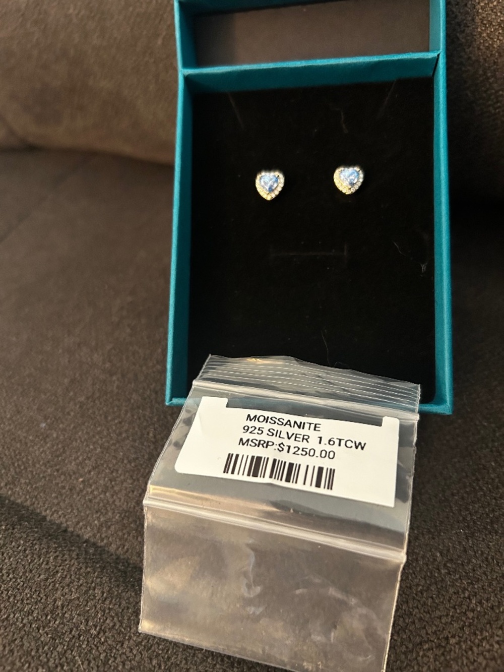 Blue Moissanite Heart Stud Earrings, gold platted 925 sterling silver screw back